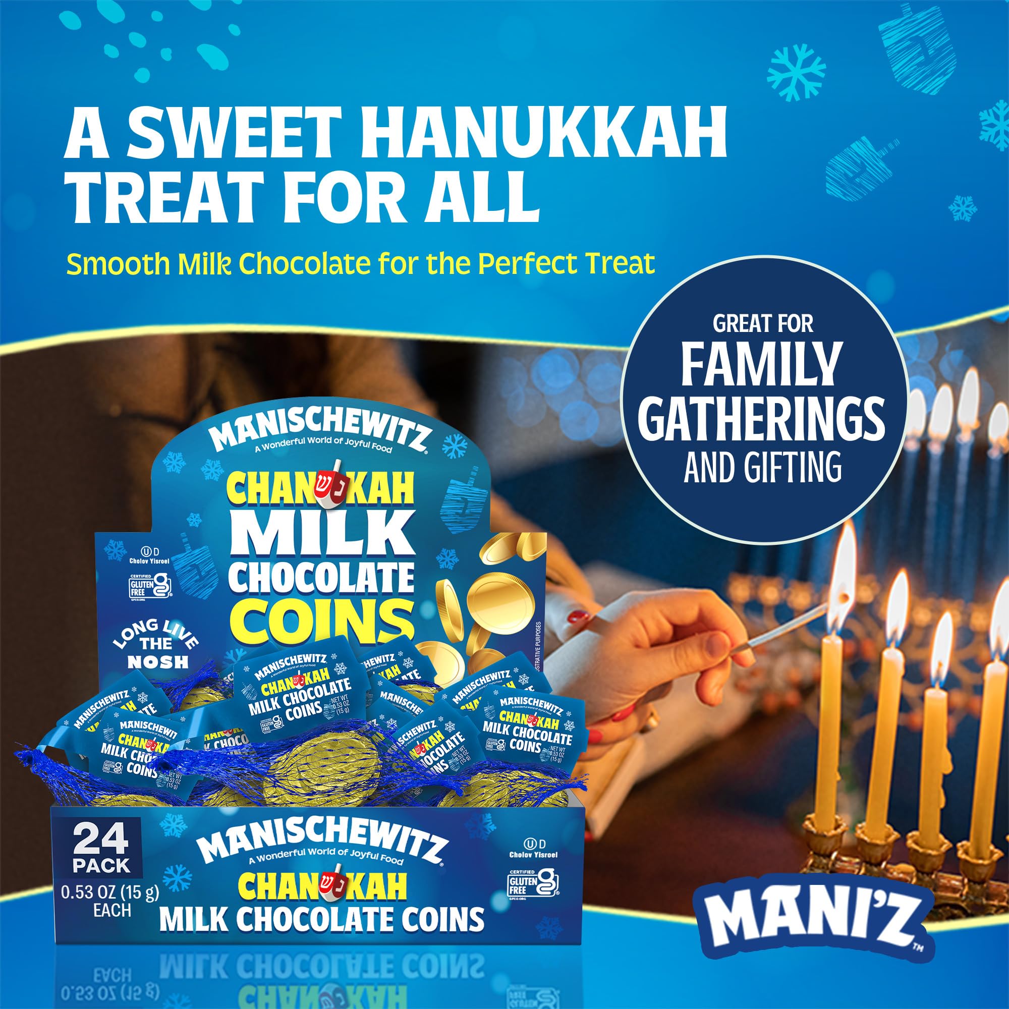 Stacked Manischewitz coins with bright wrappers, easy sharing.