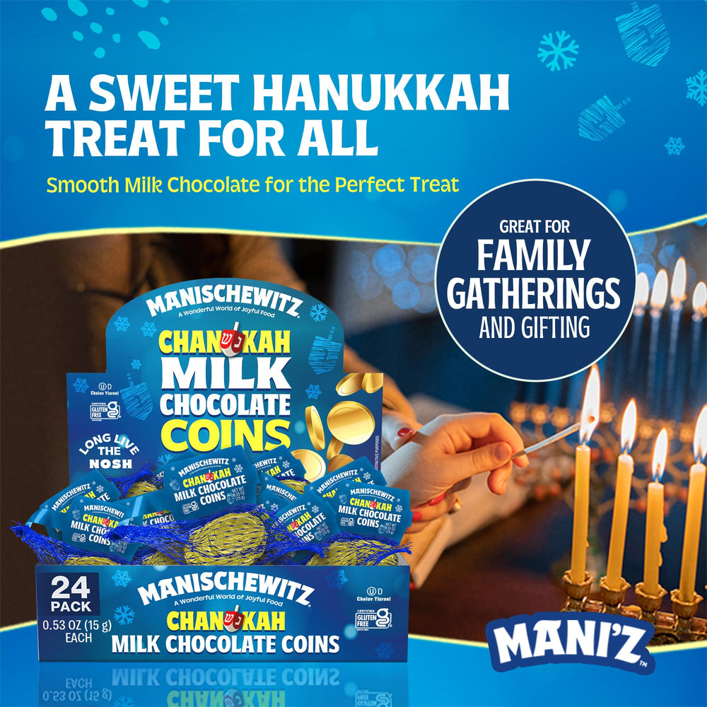 Stacked Manischewitz coins with bright wrappers, easy sharing.