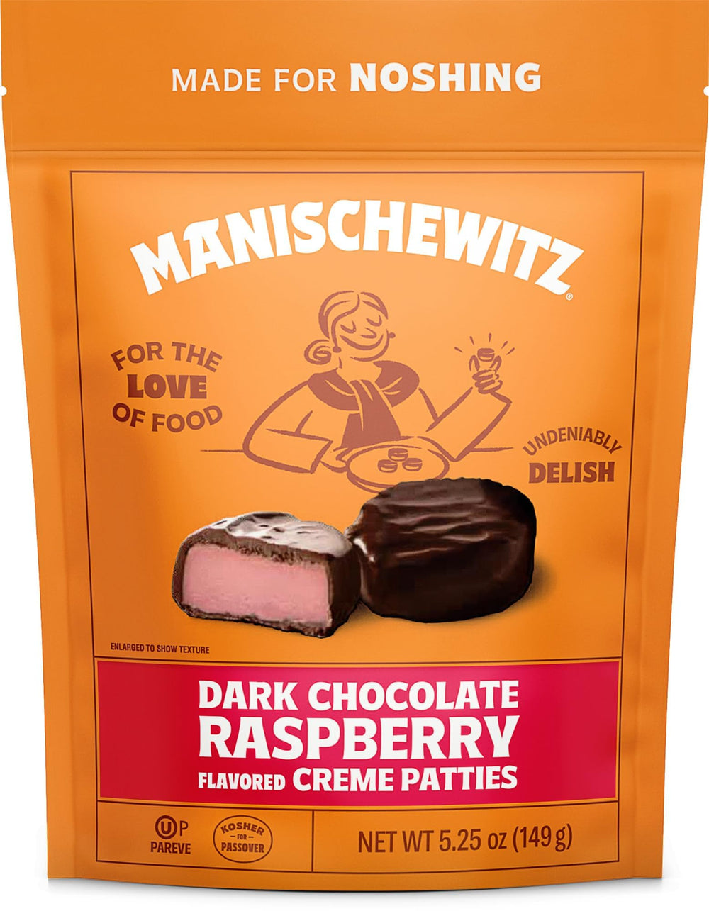 Manischewitz dark chocolate raspberry creme patties in resealable bag preserving freshness.
