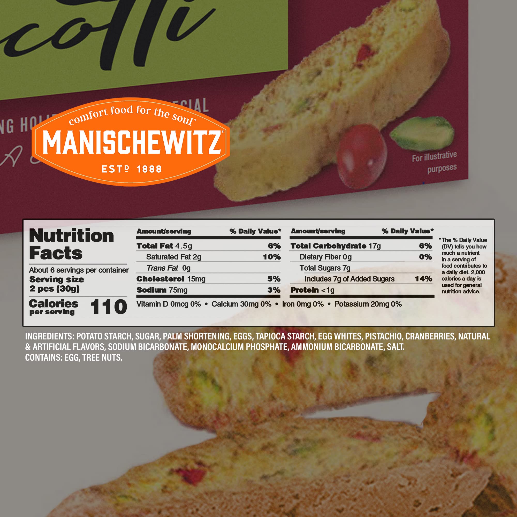 Manischewitz biscotti ingredients close-up showing cranberries and pistachios for premium flavor.
