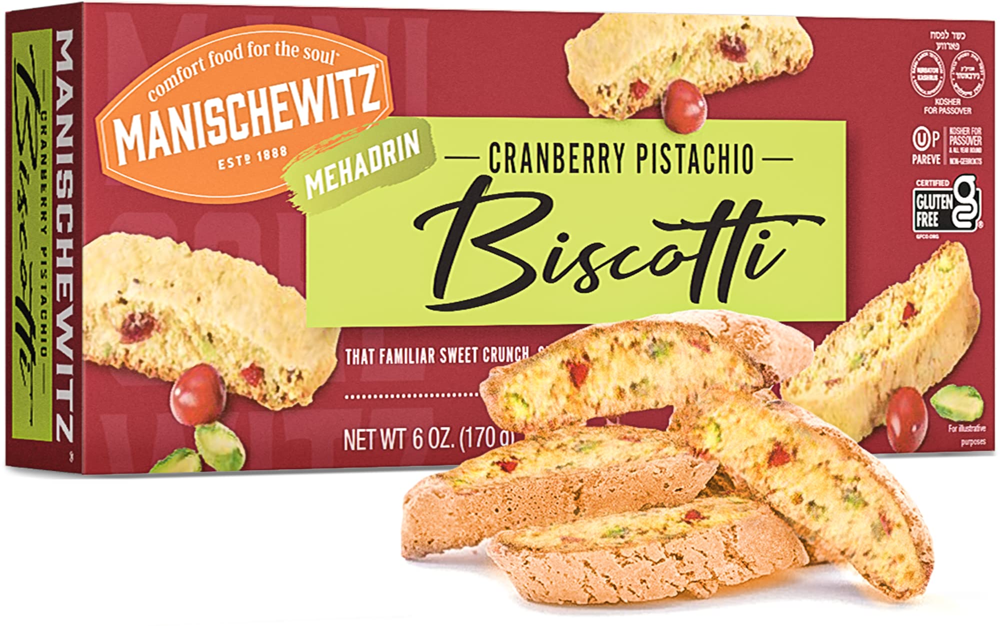 Manischewitz gluten free cranberry pistachio biscotti pack front view, ideal for Passover gatherings.