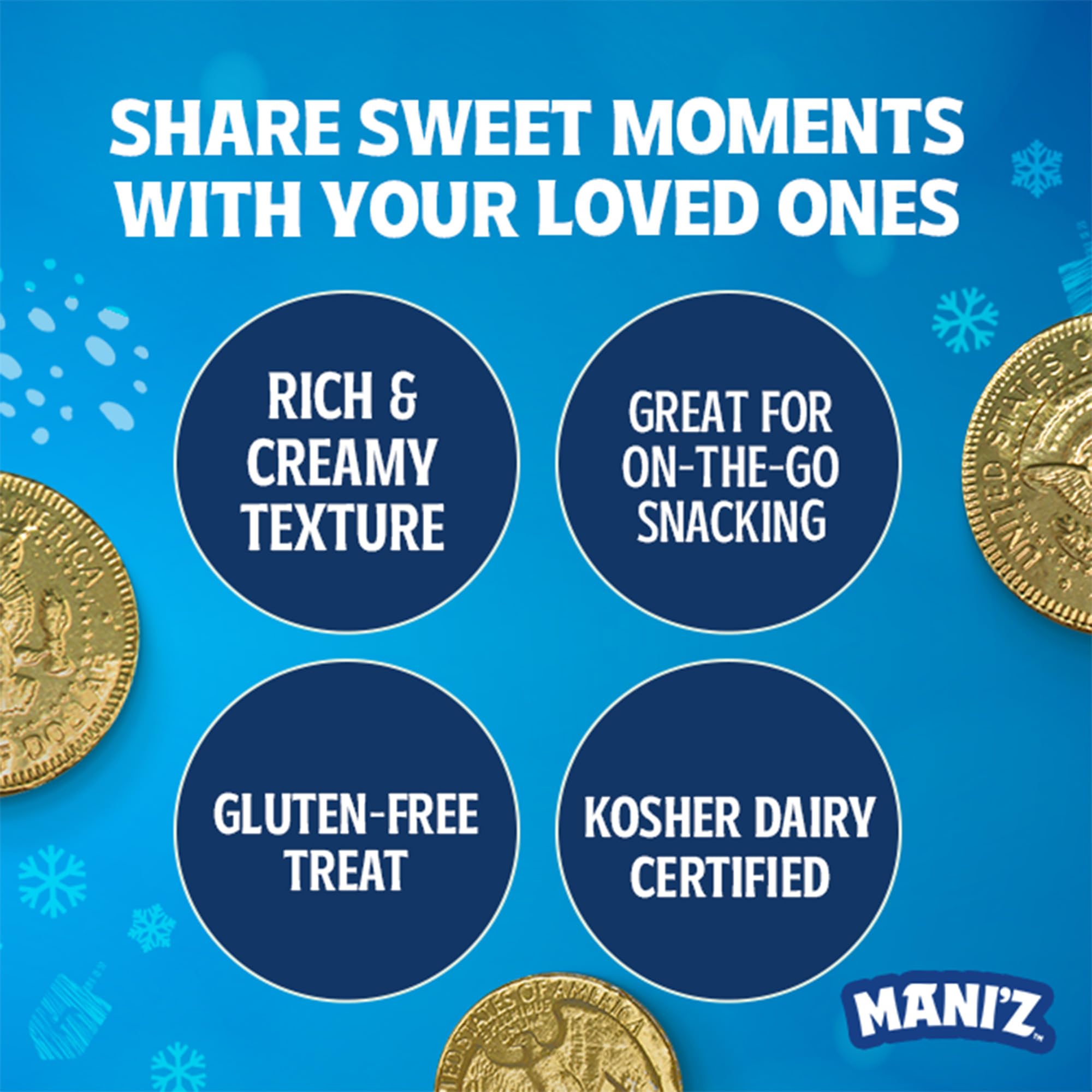 Gluten-free dairy chocolate coins in shiny wrappers.