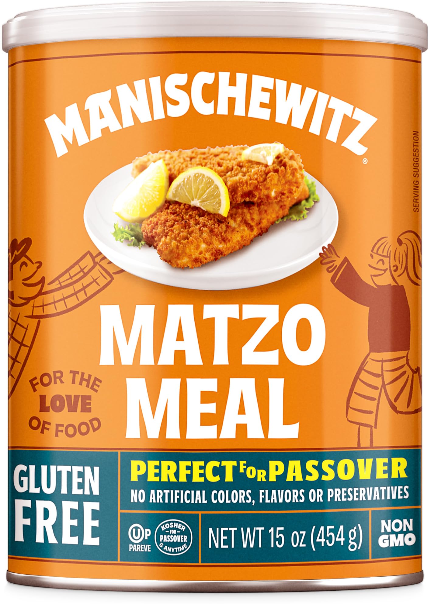 Manischewitz gluten-free matzo meal 15oz packaging front view, ideal for gluten-free baking.
