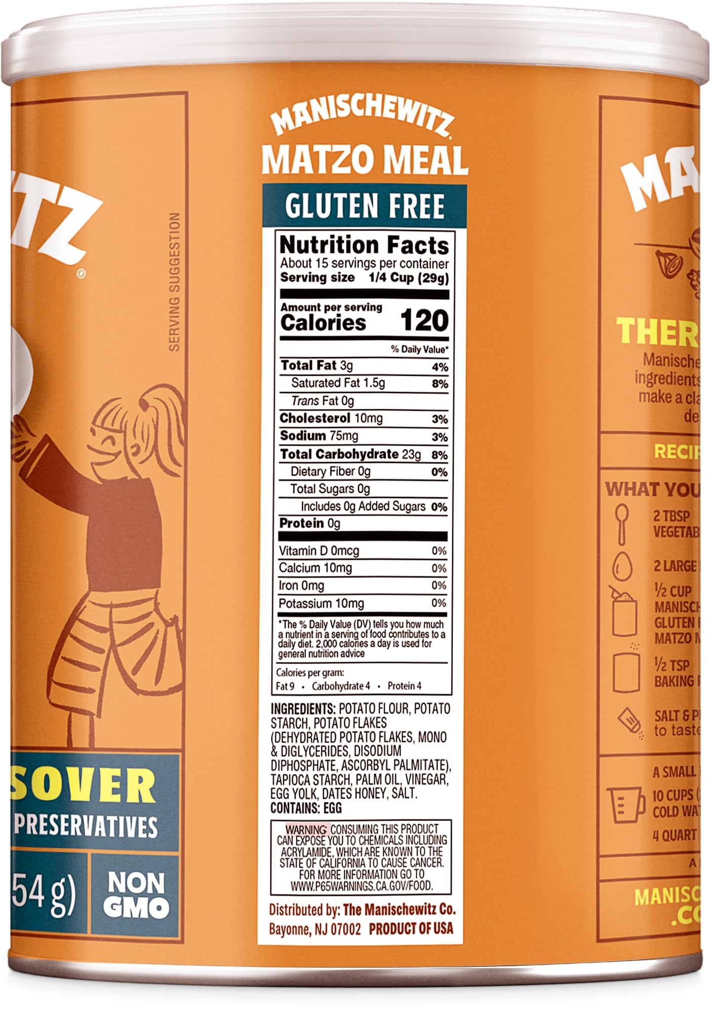 Manischewitz gluten-free matzo meal scoop image, convenient for precise measurements and quick cooking.