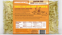 Cooked Manischewitz gluten free wide egg noodles dish, ideal base for kugel or side dishes.