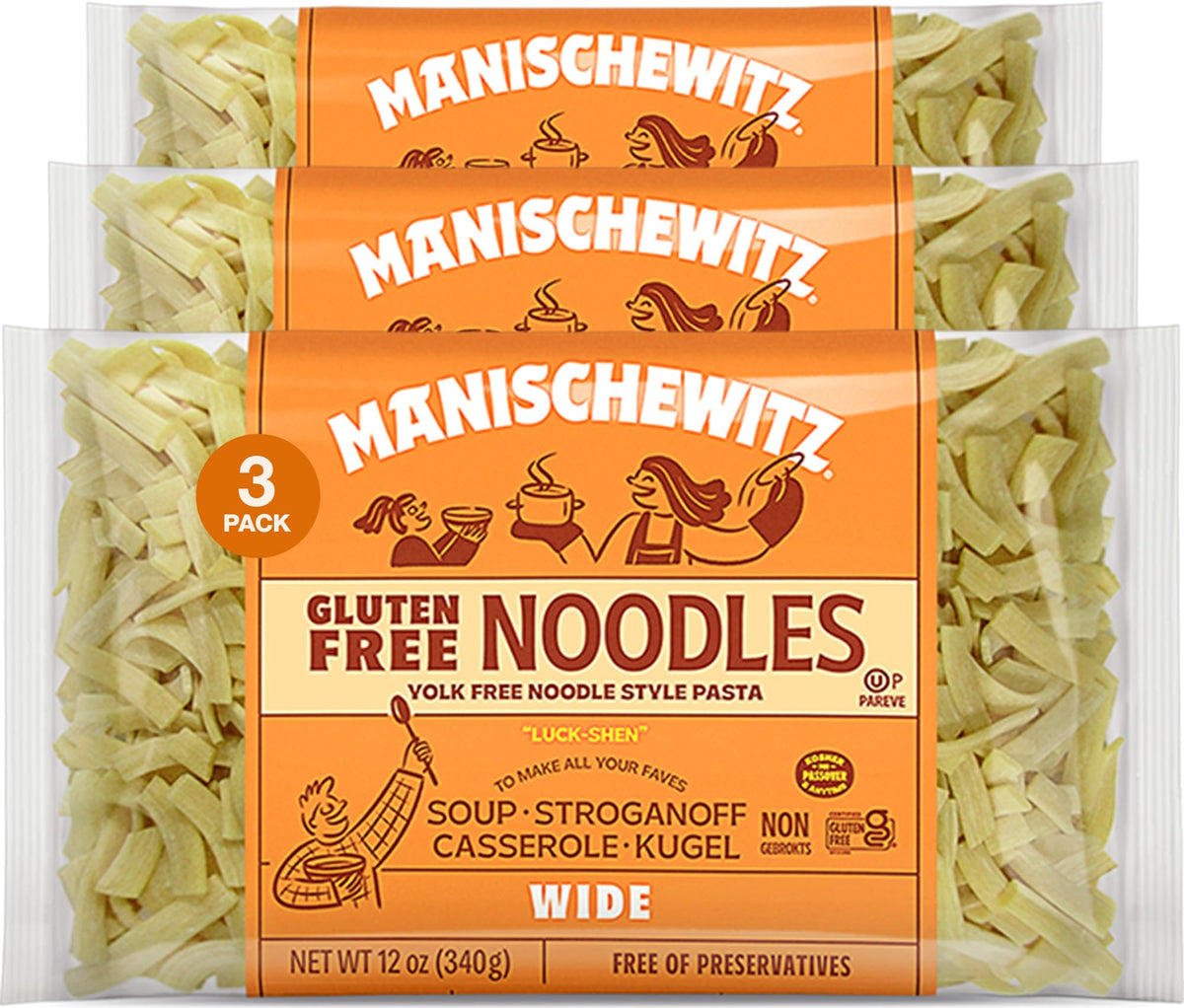 Manischewitz gluten free wide egg noodles pack, convenient 3-pack for quick weeknight meals.