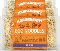 Manischewitz Kluski egg noodles 3-pack packaging for quick, comforting weeknight meals.