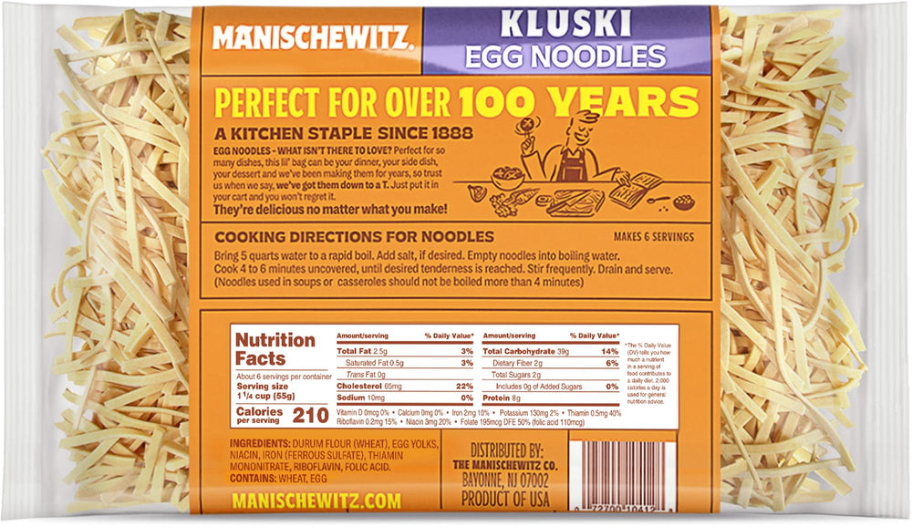 Manischewitz Kluski egg noodles served in a bowl, ideal for soups and casseroles.