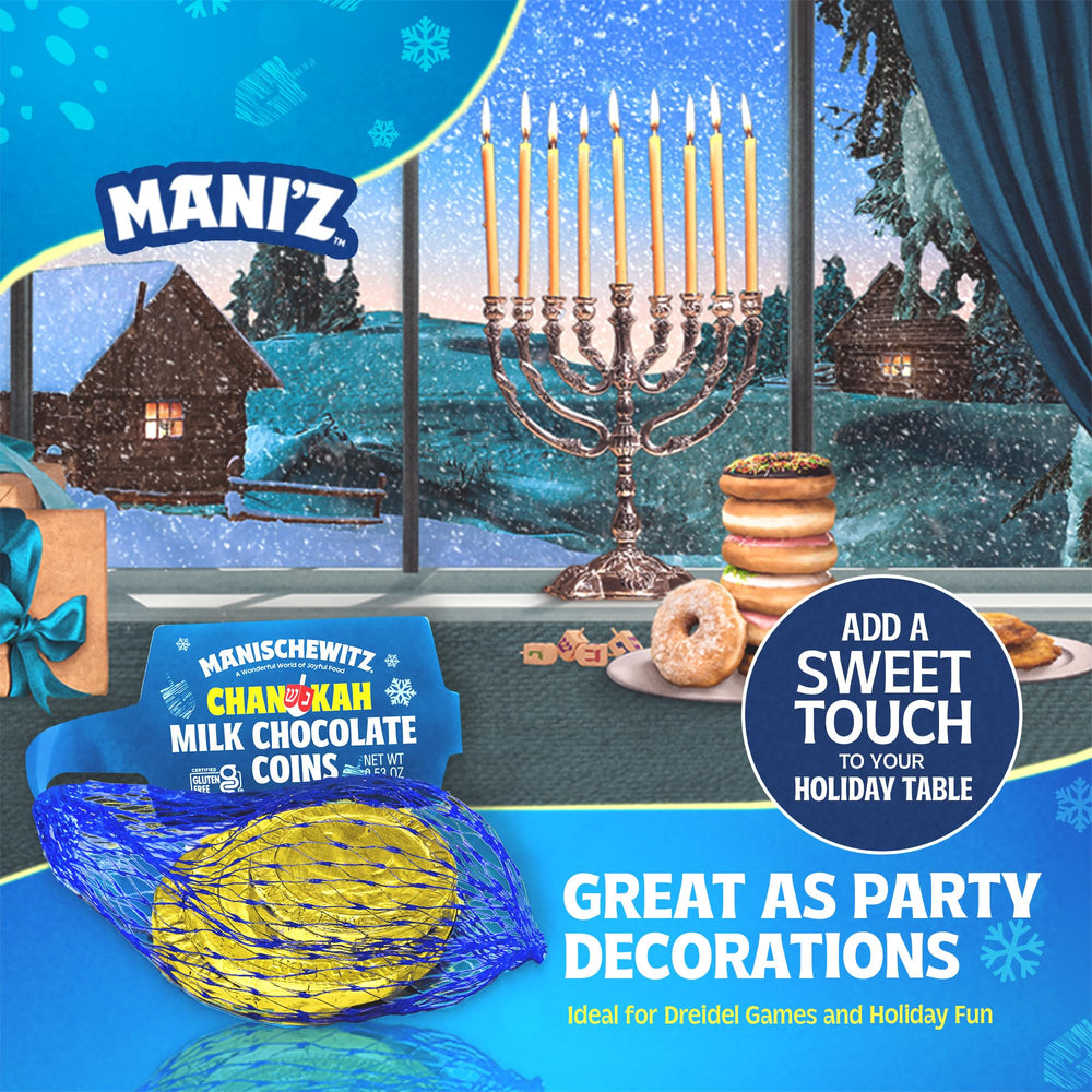 Kosher dairy seal on Manischewitz coin packaging.
