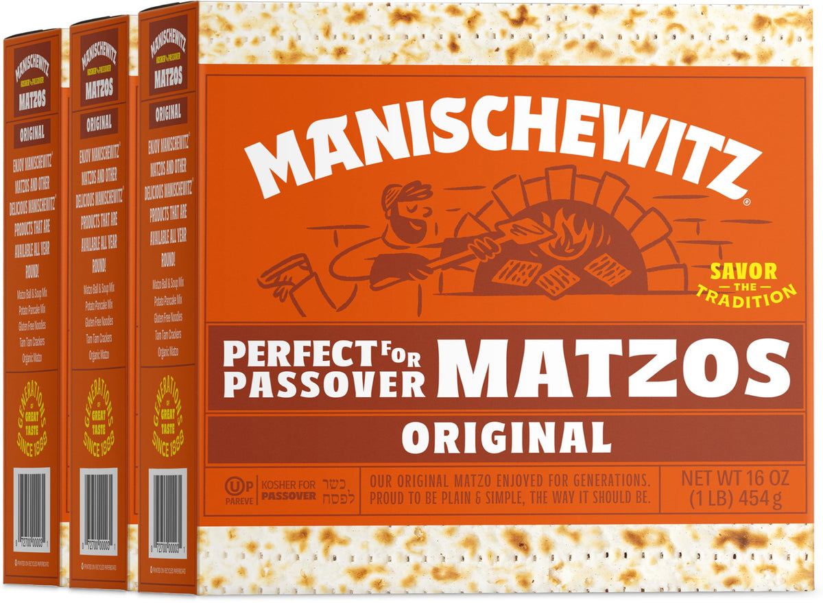 Manischewitz Kosher for Passover Matzo: three-box display front view, ideal for holiday meals
