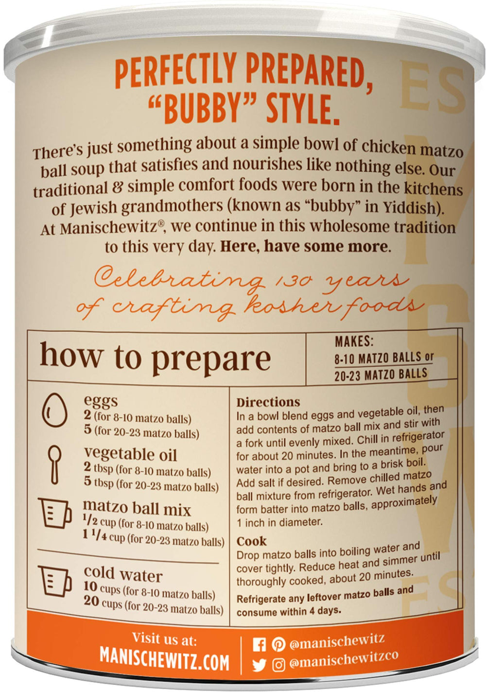Manischewitz matzo ball mix back label ingredients for clear recipe guidance.