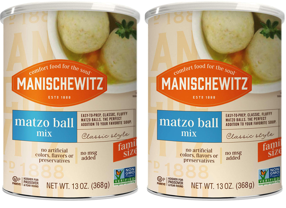 Manischewitz matzo ball mix bottle front view showing easy-to-use prep convenience.