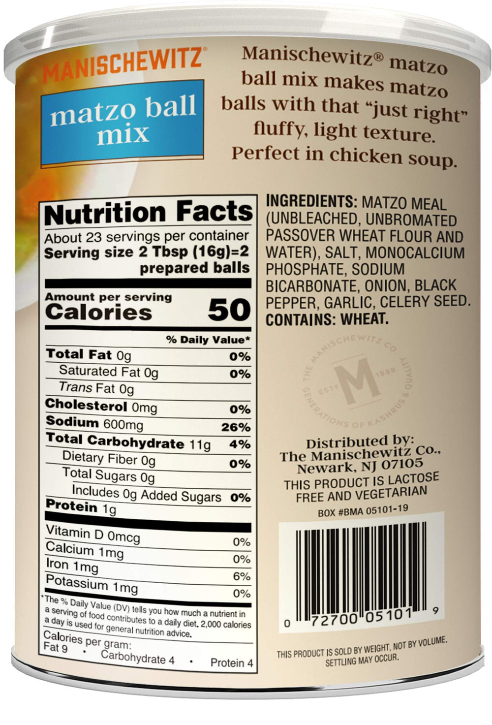 Manischewitz matzo ball mix resealable container highlighting freshness and storage.