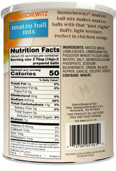 Manischewitz matzo ball mix resealable container highlighting freshness and storage.