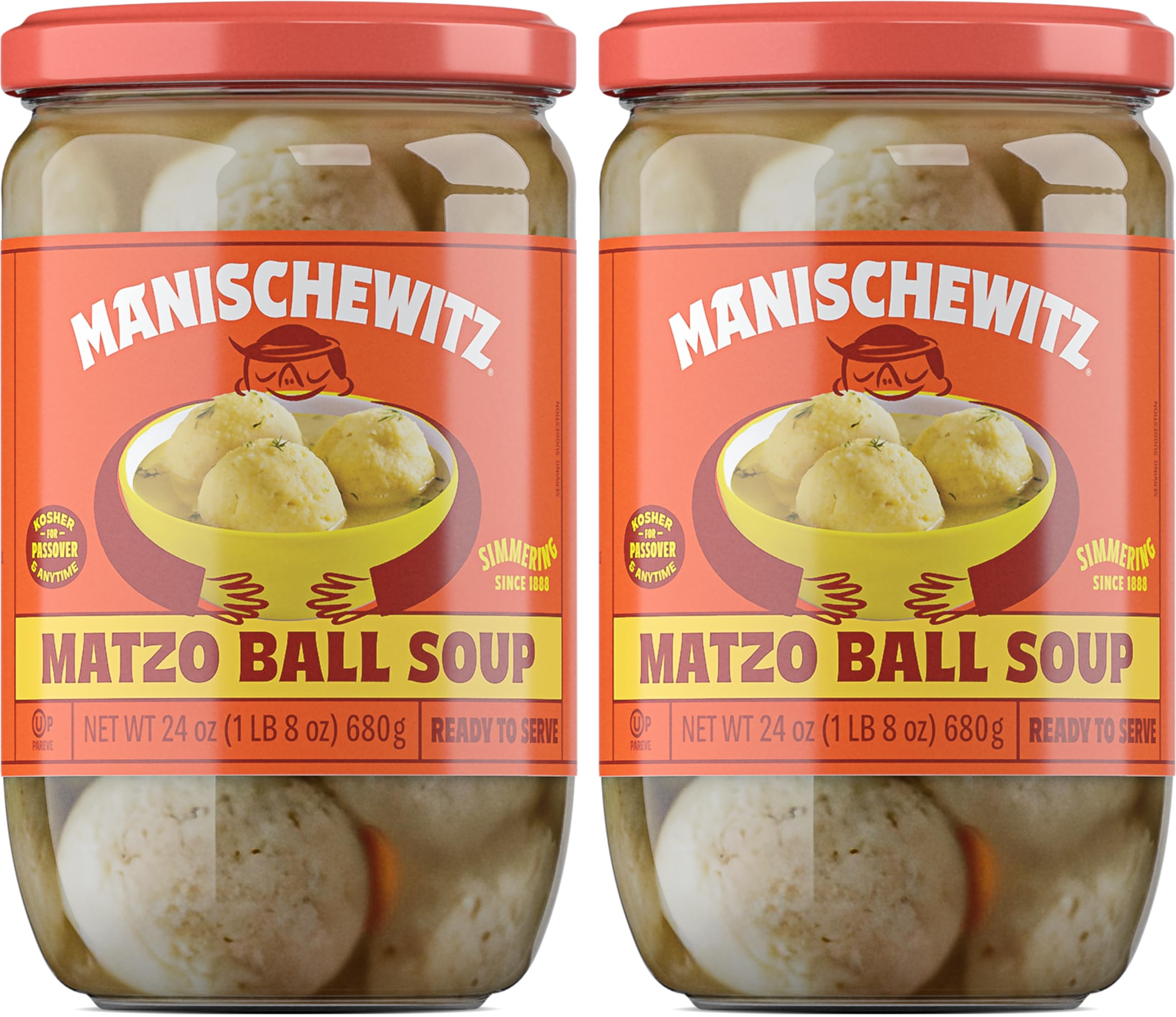 Manischewitz Matzo Ball Soup jar front shows tender matzo balls in savory broth