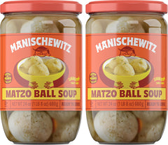 Manischewitz Matzo Ball Soup jar front shows tender matzo balls in savory broth