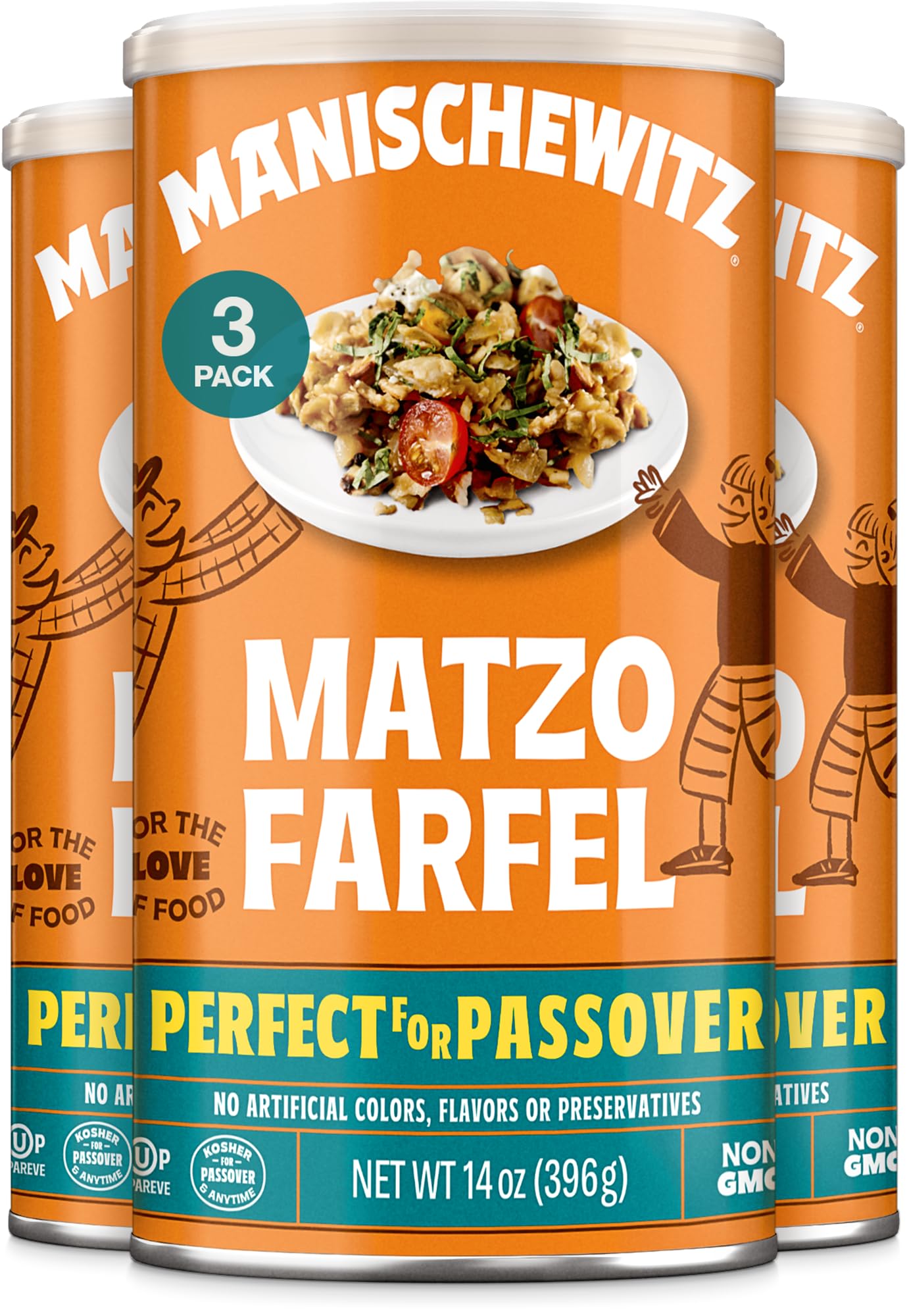 Manischewitz Matzo Farfel resealable canister for easy storage and freshness.