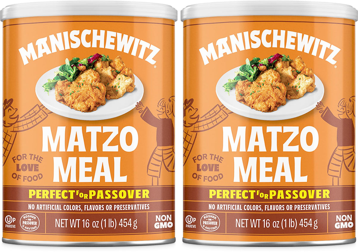 Manischewitz Matzo Meal 16oz canister for Passover pantry and binder.