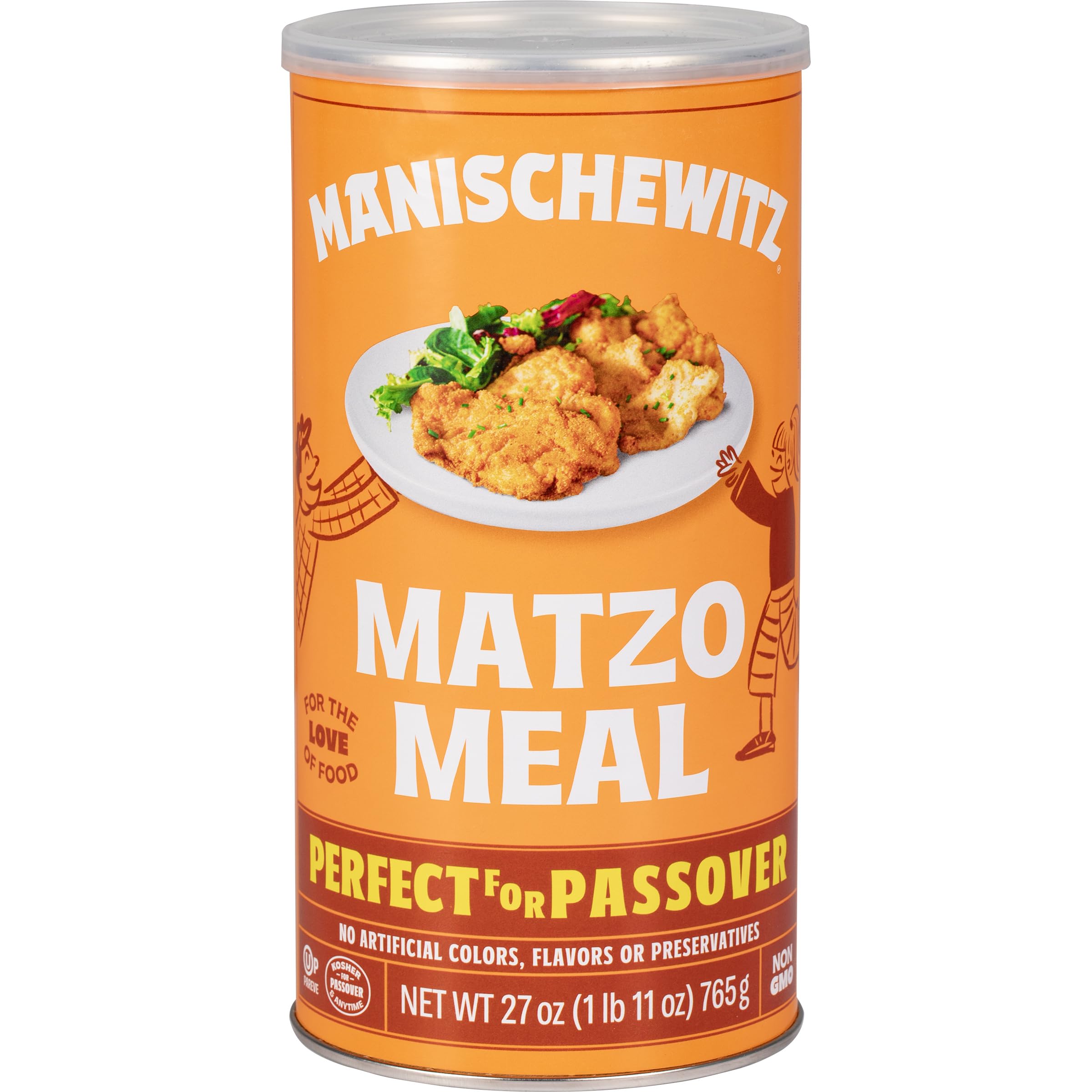 Manischewitz Matzo Meal canister with resealable lid, keeping Passover ingredients fresh.