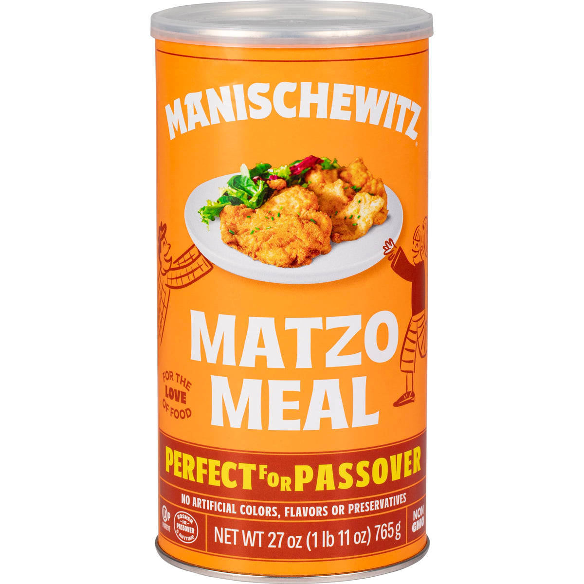 Manischewitz Matzo Meal canister with resealable lid, keeping Passover ingredients fresh.