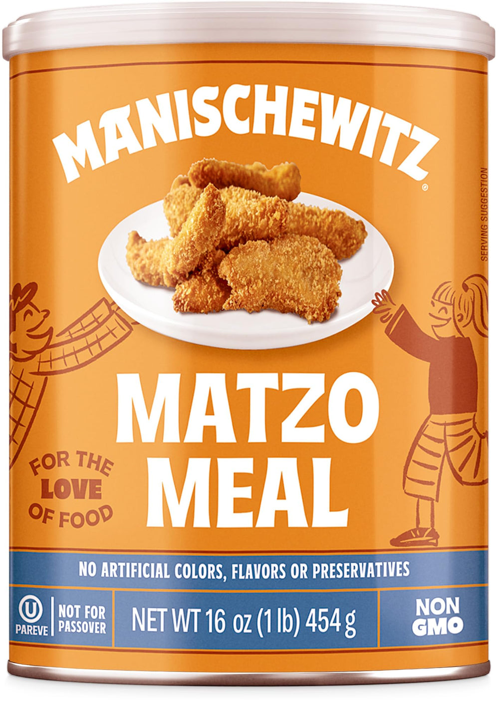 Manischewitz Matzo Meal canister on kitchen shelf for breading use.