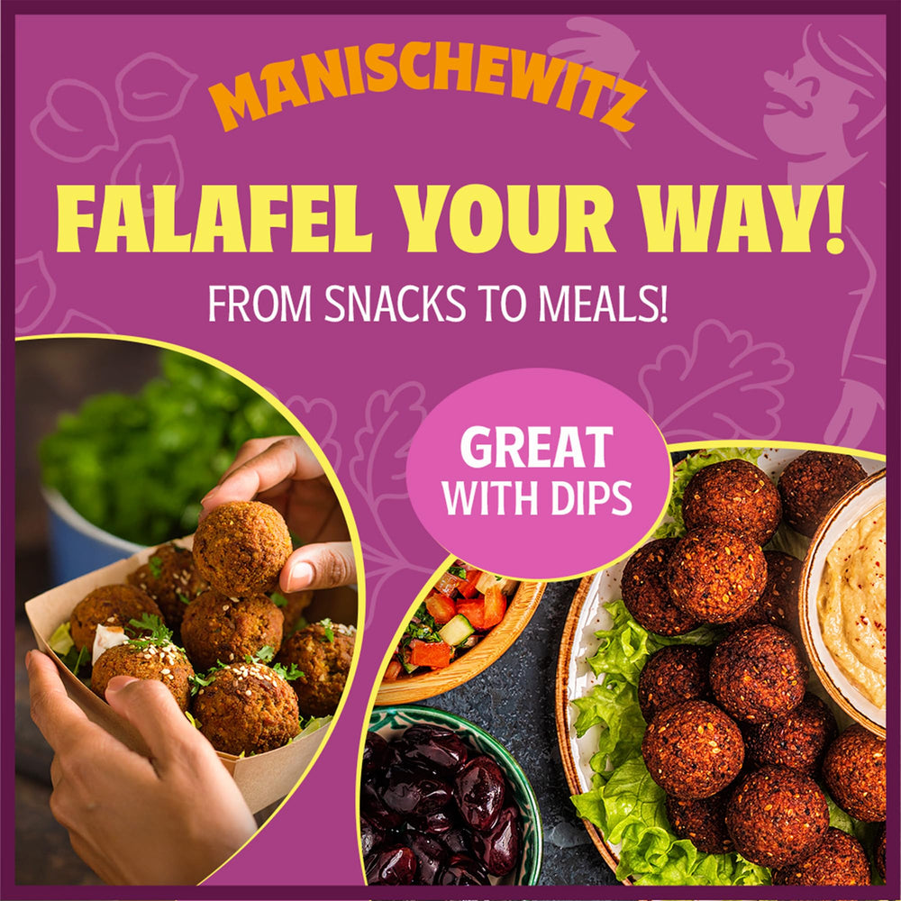 Manischewitz falafel on a vibrant salad with tahini dipping sauce.