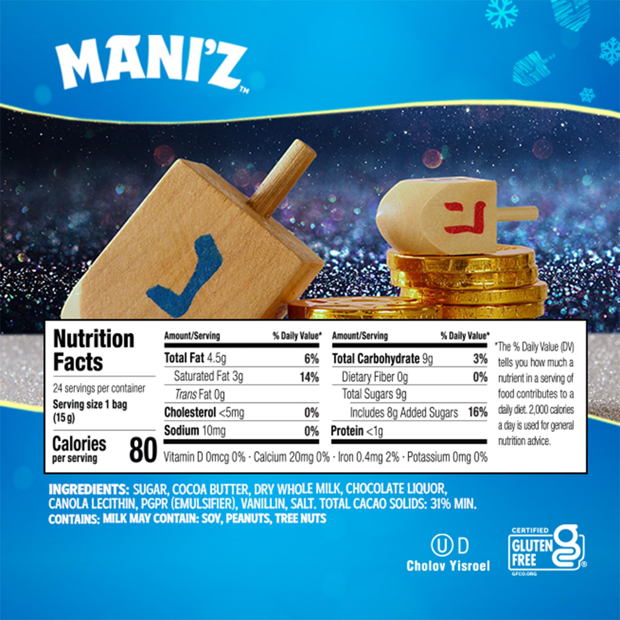 Manischewitz coins in 24 mesh bags, convenient Hanukkah snack.