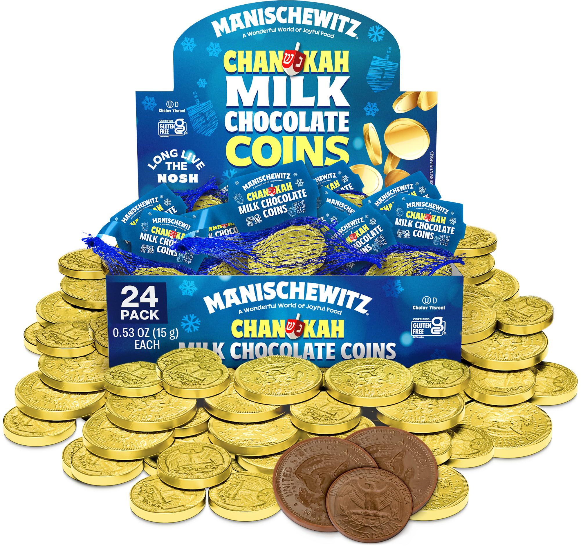 Manischewitz milk chocolate gold coin close-up, creamy melt.