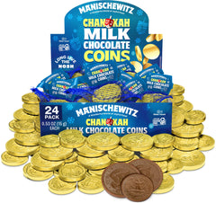 Manischewitz milk chocolate gold coin close-up, creamy melt.
