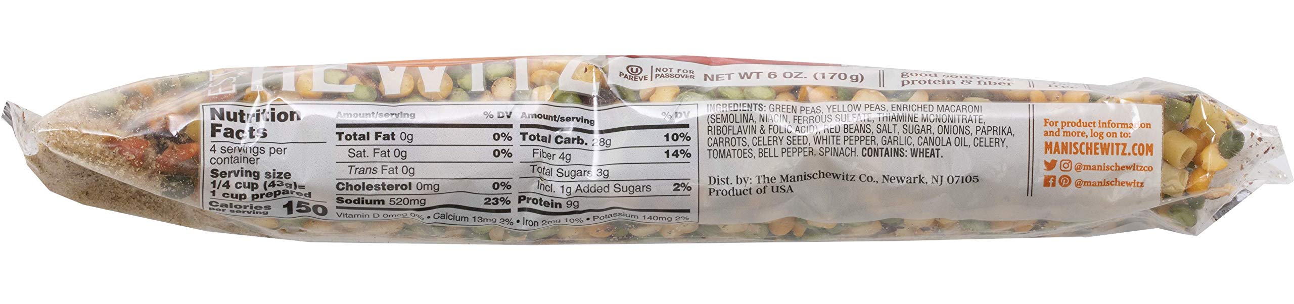 Manischewitz Minestrone ingredients closeup shows vegetables, legumes, and no MSG.