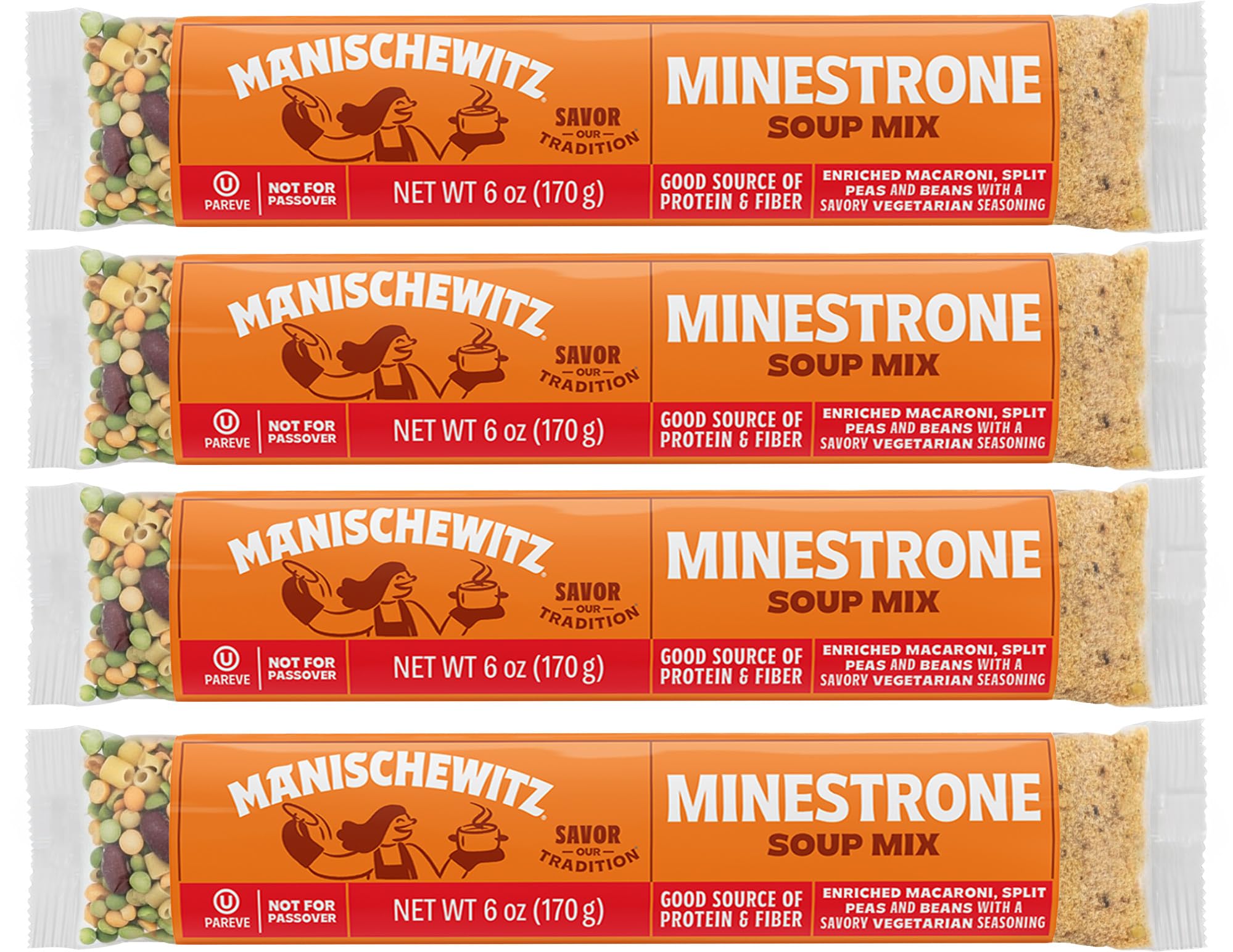 Manischewitz Minestrone soup mix front packaging showcasing kosher, all-natural ingredients.
