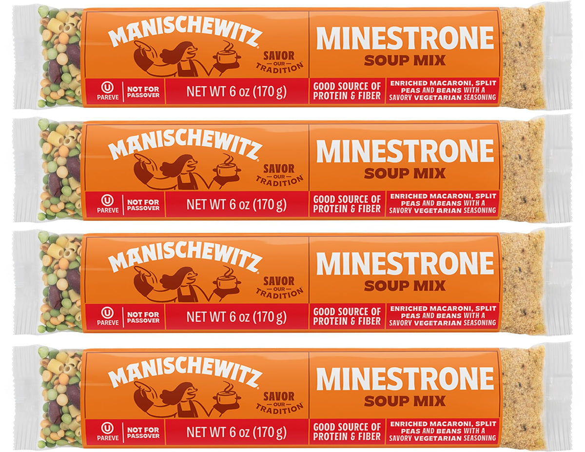 Manischewitz Minestrone soup mix front packaging showcasing kosher, all-natural ingredients.
