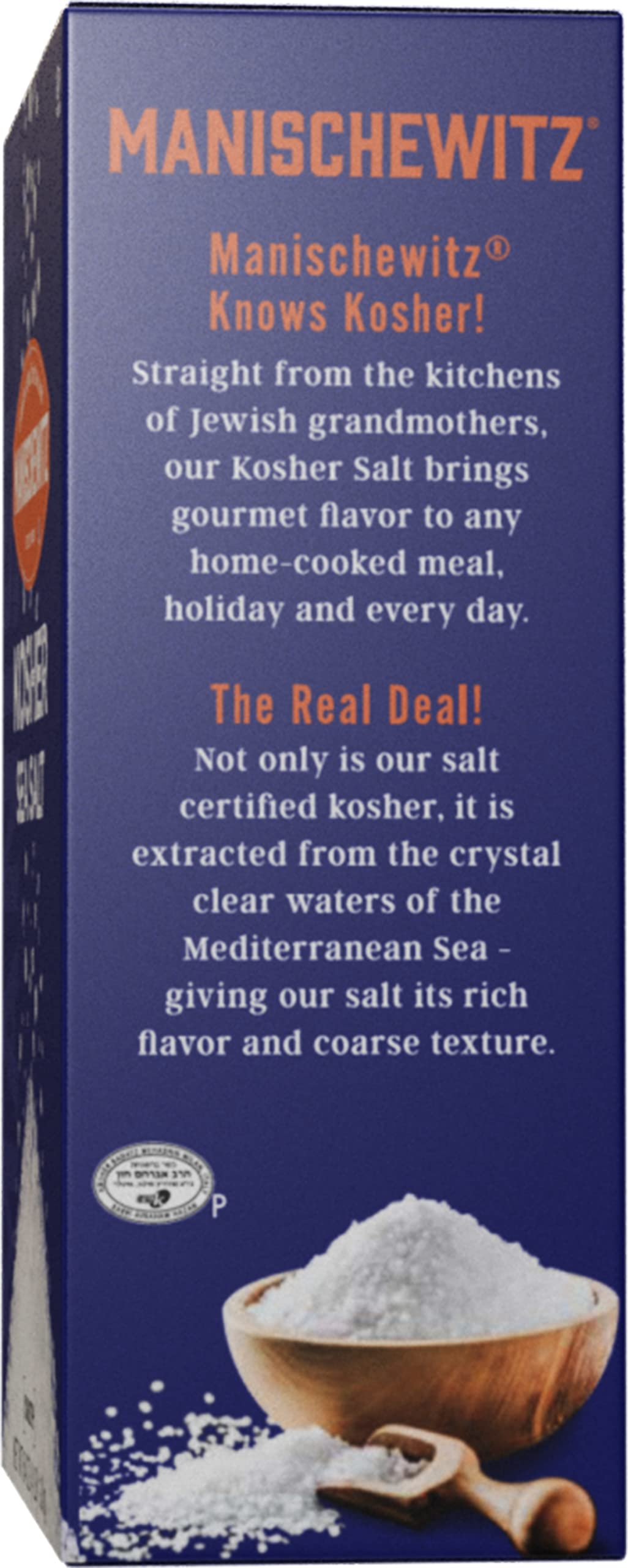Manischewitz coarse sea salt crystals ideal for baking, grilling, and finishing dishes.