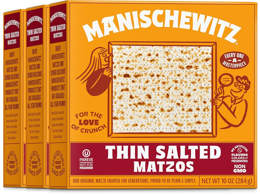 Manischewitz Old Fashioned salted matzo crackers in a 3-pack, crisp and versatile