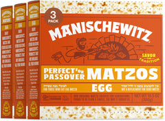 Manischewitz Passover Egg Matzo three-pack boxes show thin, crisp texture for toppings