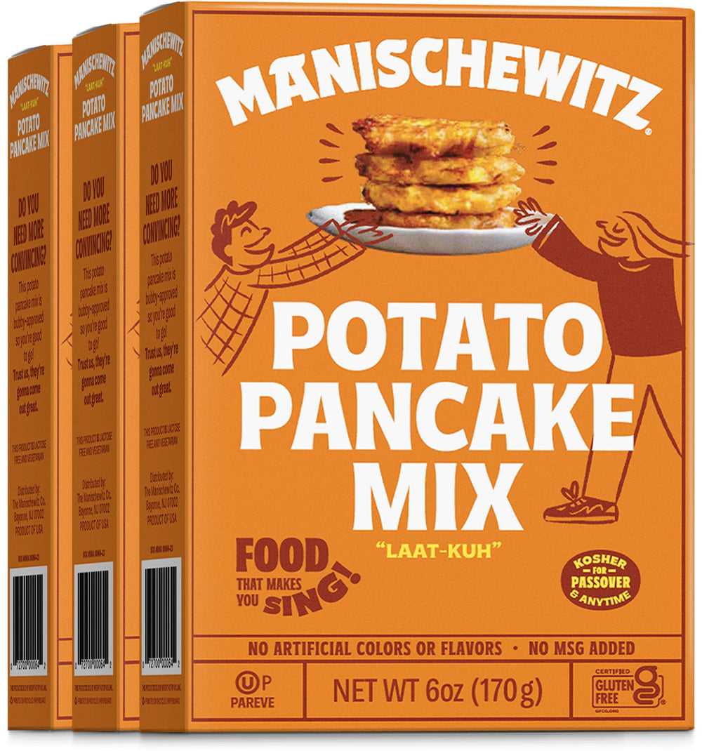 Manischewitz potato pancake mix pack shot showing gluten-free latke mix in a 3-pack