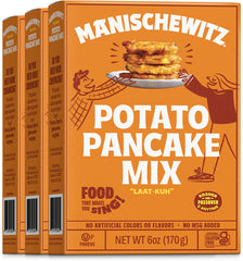 Manischewitz potato pancake mix pack shot showing gluten-free latke mix in a 3-pack