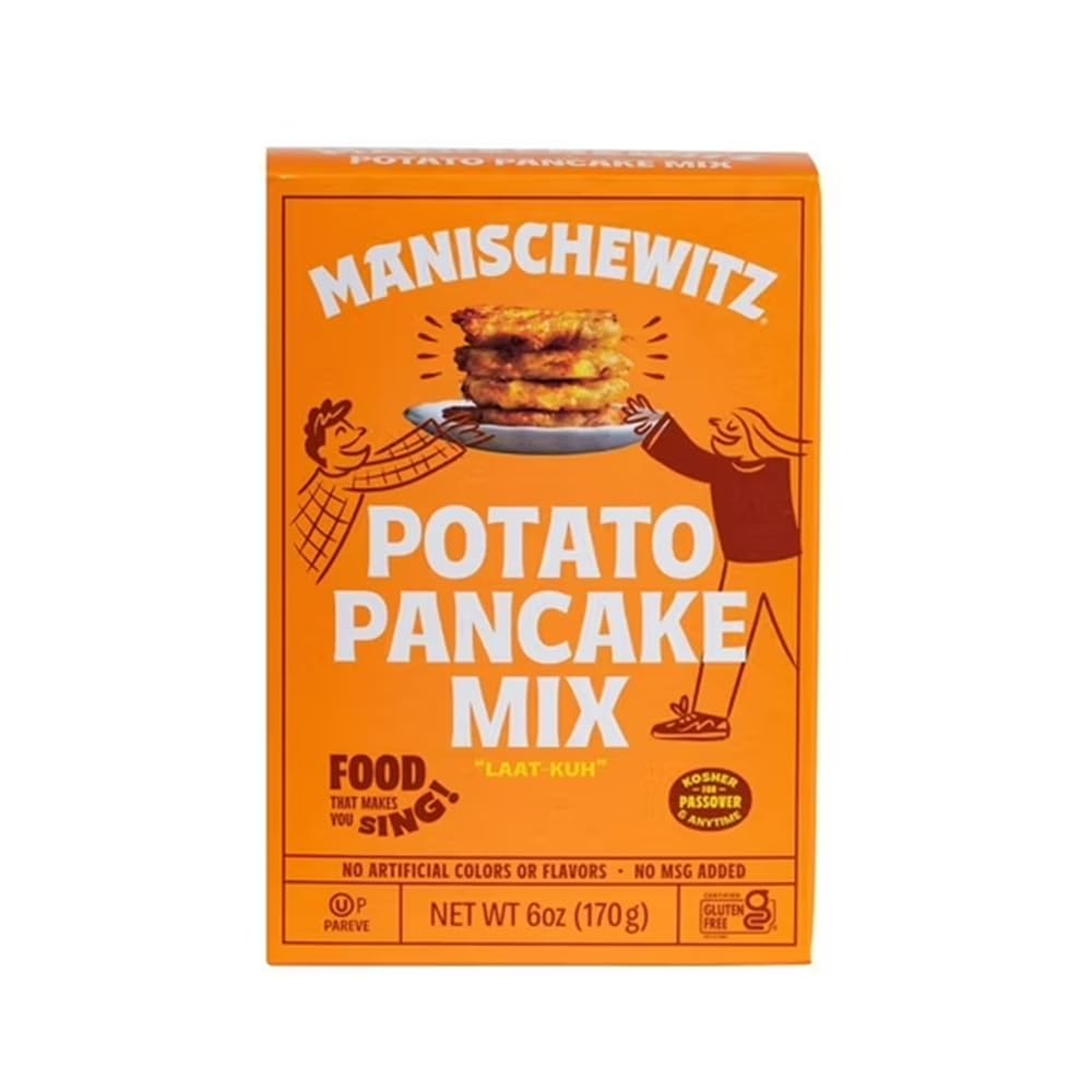 Manischewitz potato pancake mix package on counter for quick, tasty meals
