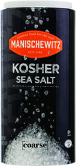 Manischewitz premium kosher salt coarse crystals in a canister for easy seasoning