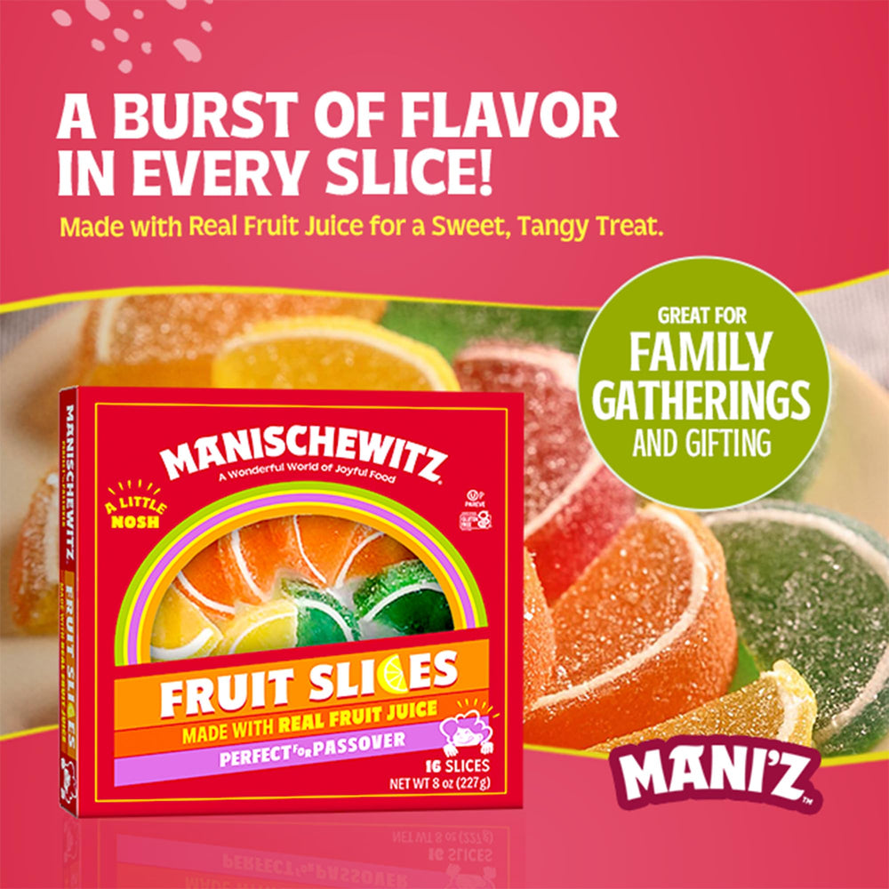 Manischewitz real fruit juice slices closeup shows natural sweetness and fruit flavor.