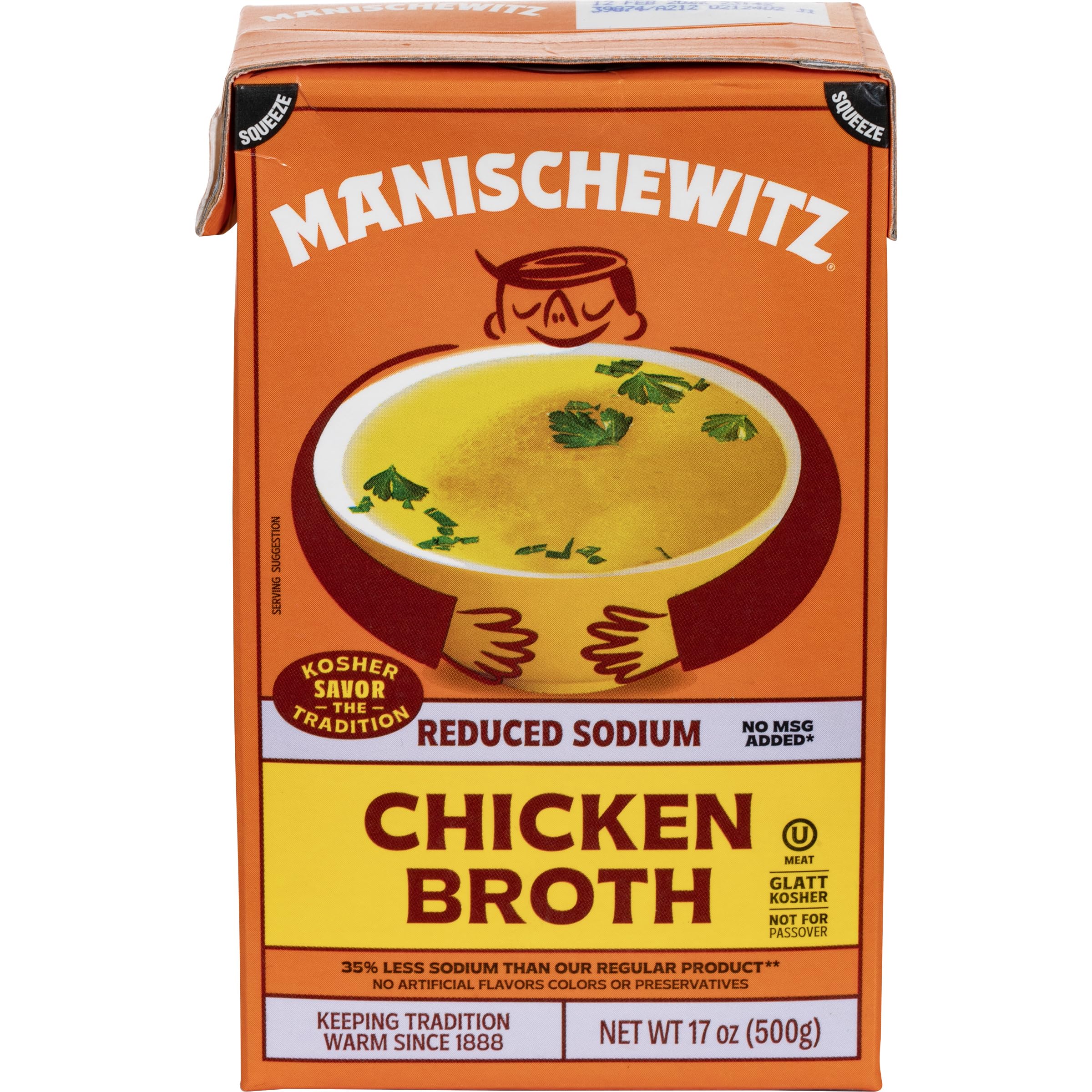 Pouring Manischewitz reduced sodium chicken broth into a pot for depth.
