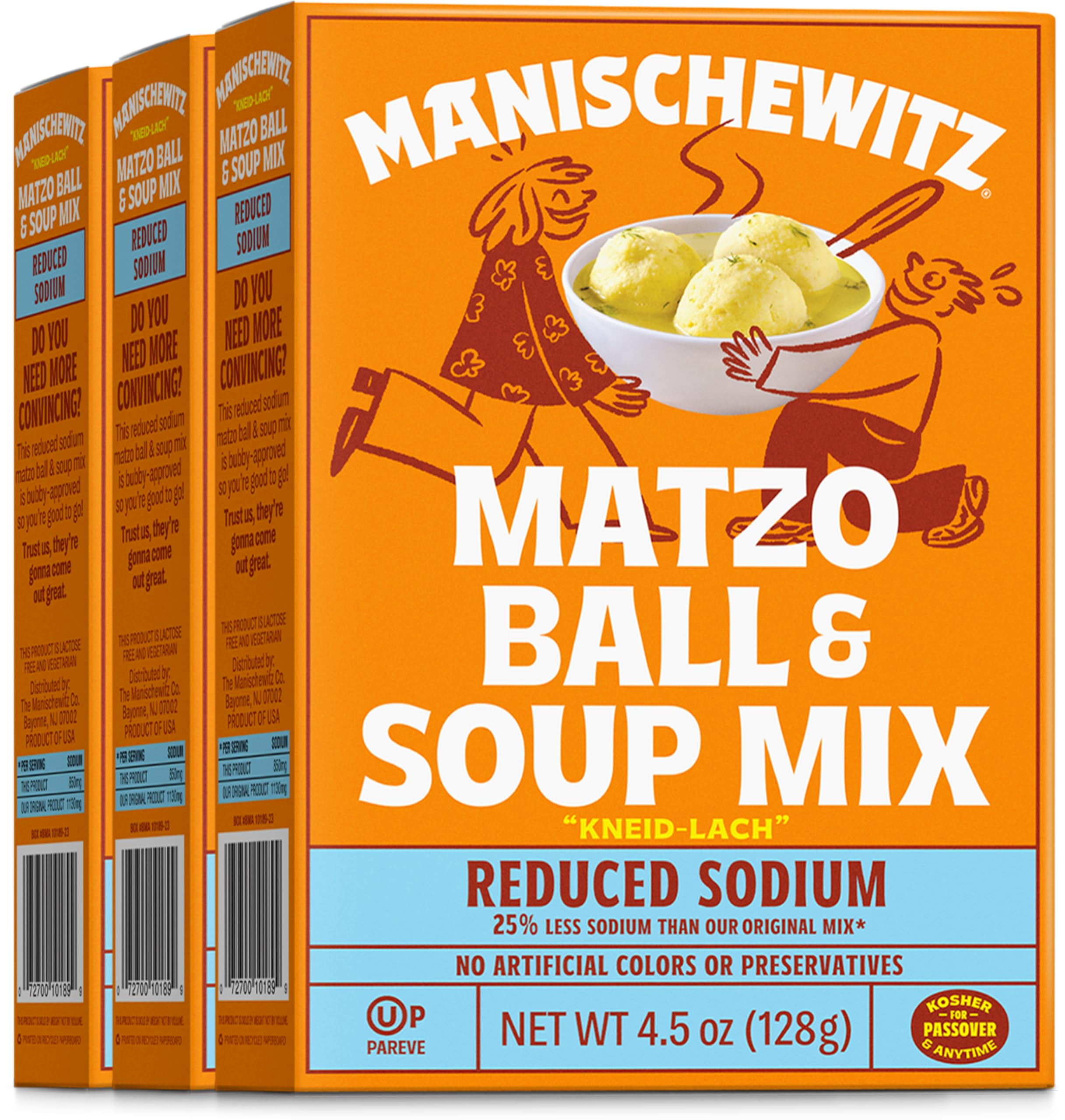 Manischewitz reduced-sodium matzo ball soup mix in a bowl with fluffy matzo balls