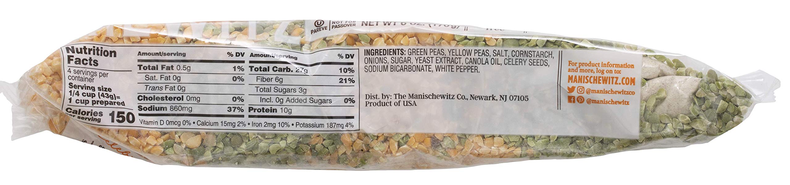 Manischewitz Split Pea Soup Mix ingredients label shows all-natural kosher ingredients