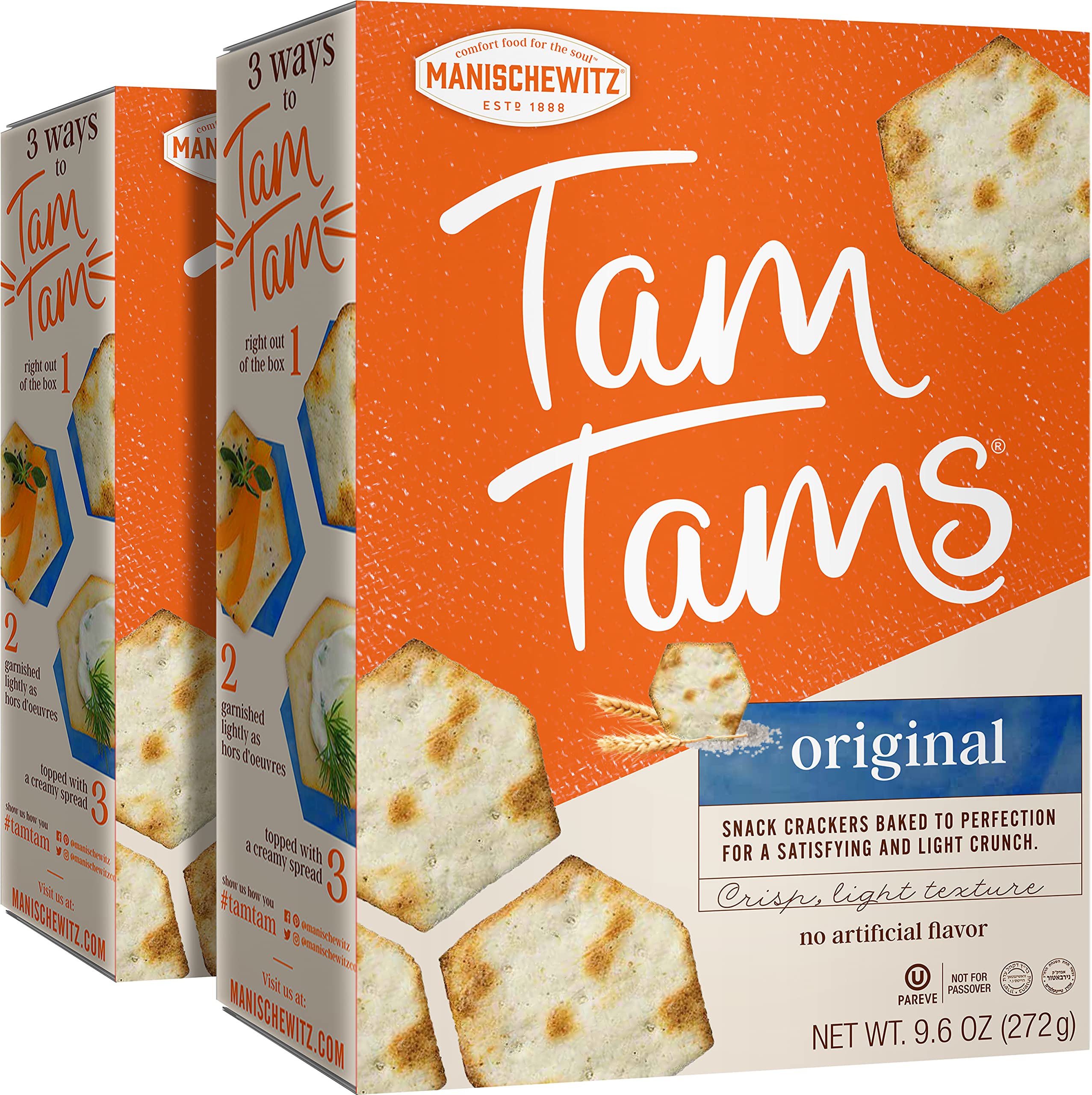 Manischewitz Tam Tam Original Crackers stacked, airy texture ideal for snacking.