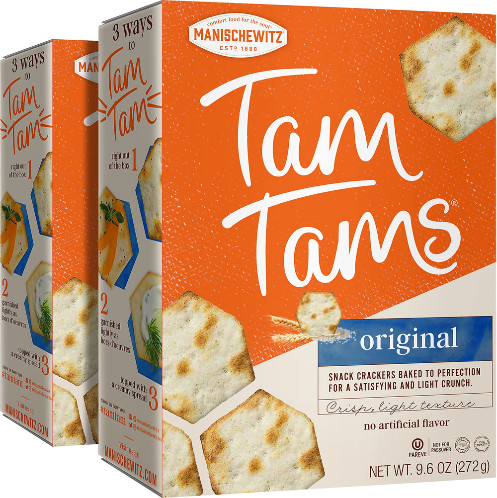Manischewitz Tam Tam Original Crackers stacked, airy texture ideal for snacking.