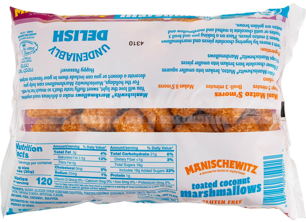 Manischewitz Toasted Coconut Marshmallows close-up, ideal for s'mores and fruit toppings.