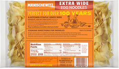 Manischewitz traditional extra wide egg noodles pack back; great for soups and casseroles.