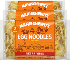 Manischewitz traditional extra wide egg noodles pack front; ideal for quick homestyle meals.