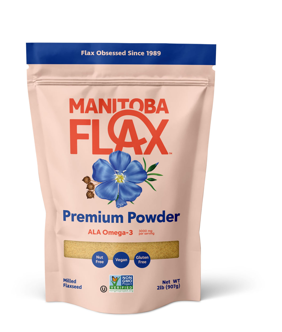 Manitoba Flax Premium Powder 2lb packaging for convenient use