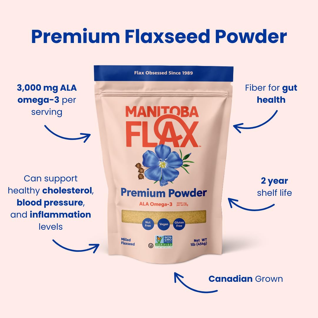 Manitoba Flax Premium Powder dressing; blends into dressings and sauces for subtle nutrition.